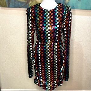 AMYLYNN Tango Sequin Puff Shoulder Long Sleeve Keyhole Mini Dress Size L NWT